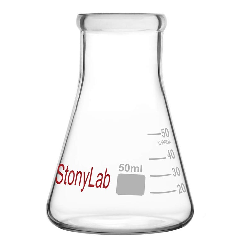 stonylab 1-Pack Glass 50 ml Heavy Wall Narrow Mouth Erlenmeyer Flasks with Heavy Duty Rim - (50ml Fits with 4# Rubber Stopper) - Image 1